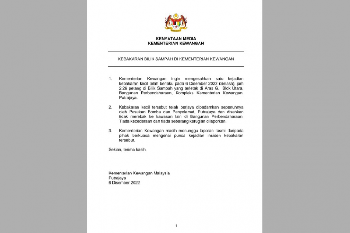 MOF sahkan kebakaran di bilik sampah, tunggu laporan rasmi punca kejadian